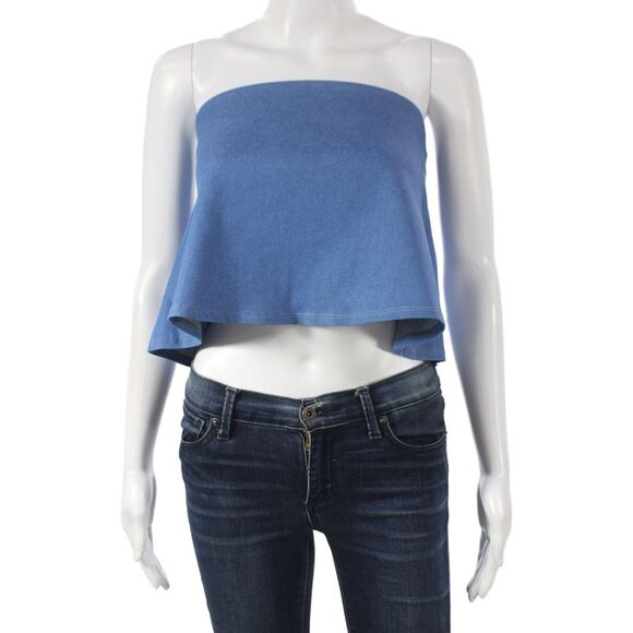 Clayton Tops - Clayton Womens Cropped Tank Blue Off Shoulder Sleeveless Cotton Size S
